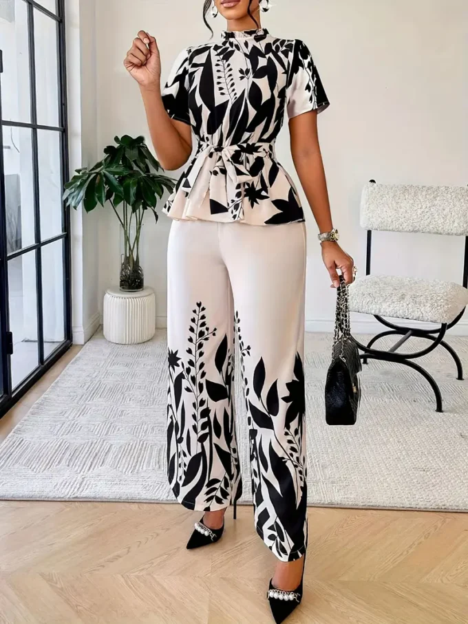 Stylish Round Neck Slim-Fit Waist-Tied Bow Women's Pants Set - Image 2
