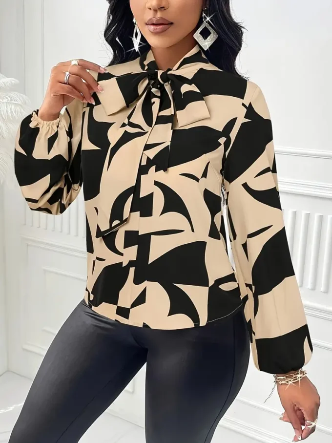 Elegant Geometric Print Bow Tie Collar Blouse - Image 3