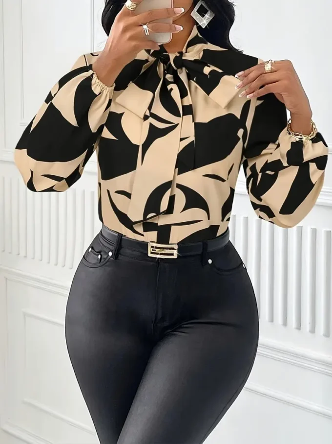 Elegant Geometric Print Bow Tie Collar Blouse - Image 2
