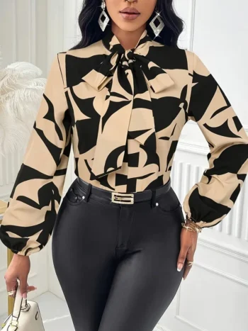 Elegant Geometric Print Bow Tie Collar Blouse