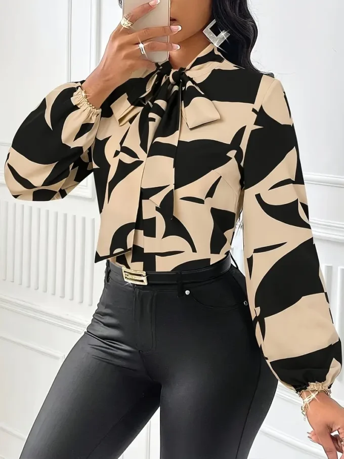 Elegant Geometric Print Bow Tie Collar Blouse - Image 4