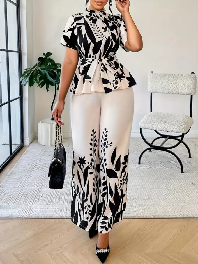 Stylish Round Neck Slim-Fit Waist-Tied Bow Women's Pants Set