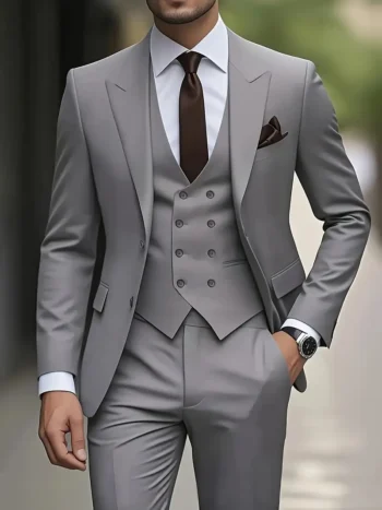 Men'S Suit Three-piece Set with Lapel Double-breasted Vest Dress