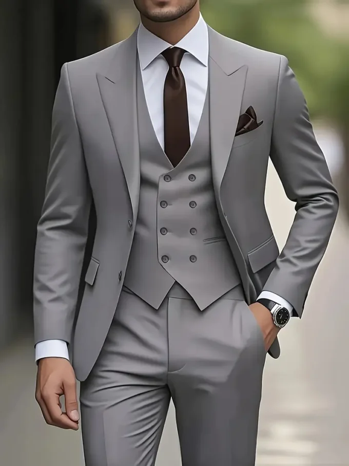 Men'S Suit Three-piece Set with Lapel Double-breasted Vest Dress